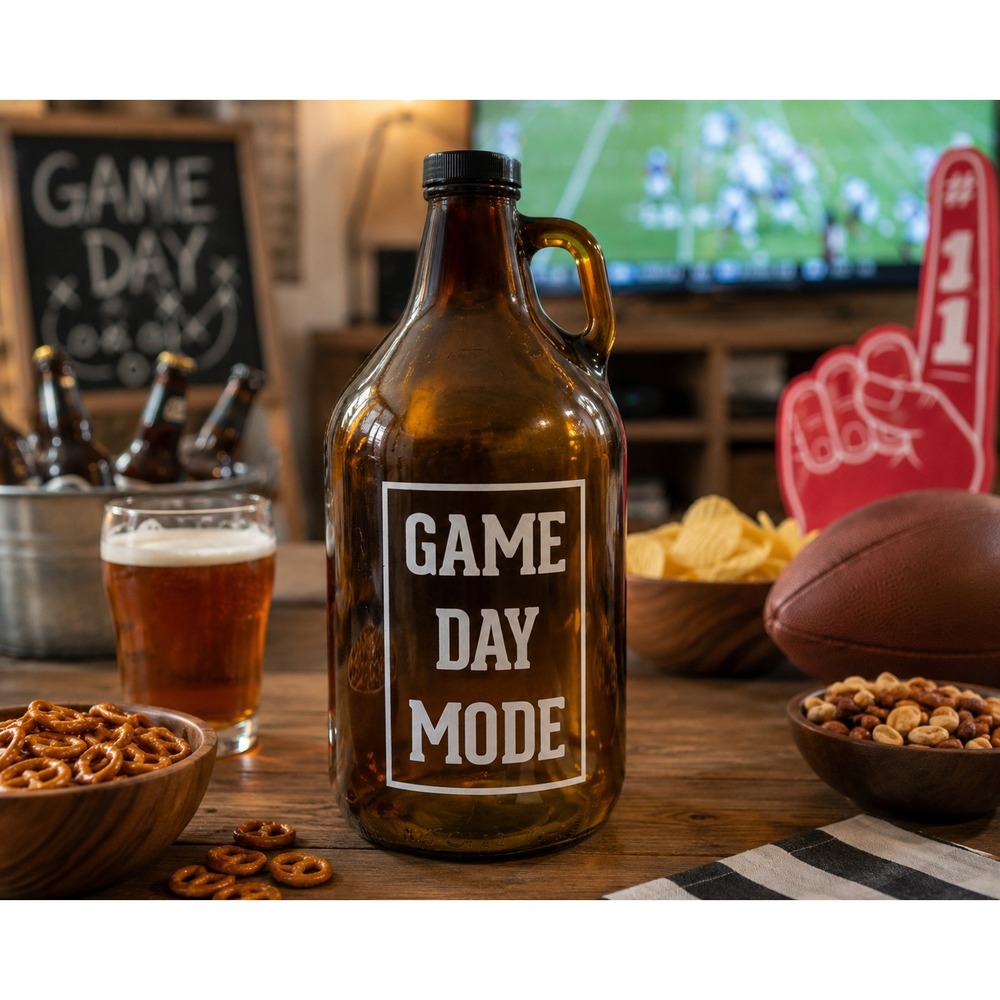 Game Day Mode 64 oz Amber Glass Growler Beer Jug w/ Screw Cap Tailgate Decor